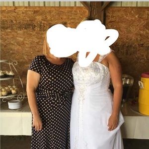 Navy blue w/gold polka dots.